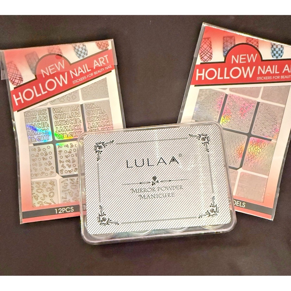Lulaa Mirror Powder Manicure Set & Hollow Nail Art Stickers Holographic 12pc